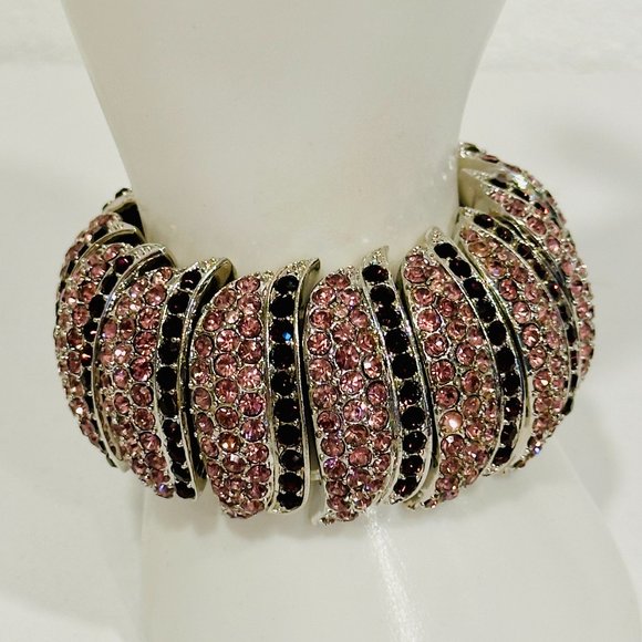Cuff Bracelet Silver Tone Metal Base Burgundy & Pink Rhinestones EUC Expandable - Picture 1 of 7